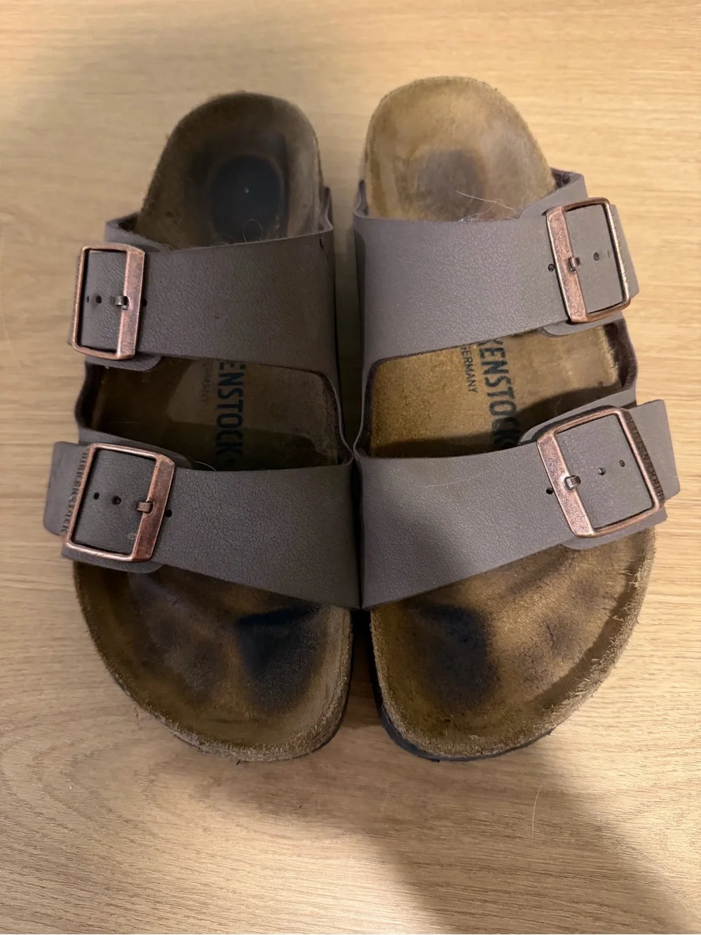 Birkenstock Arizona Double Strap Sandals in Brown Taupe with Copper Buckles
